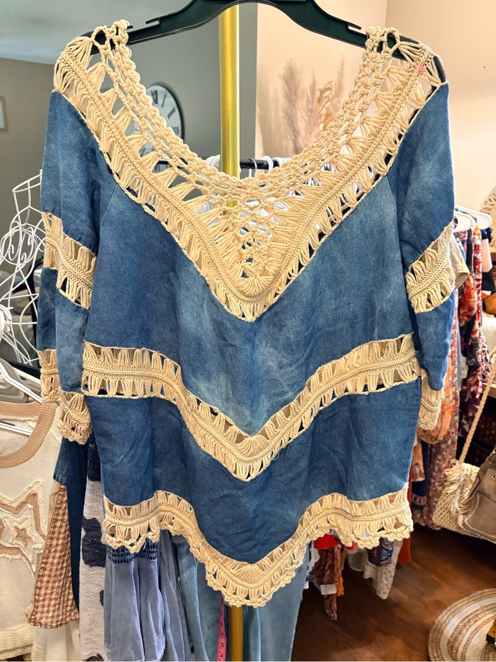ONE WORLD Blue Denim Top with Cream Crochet Trim